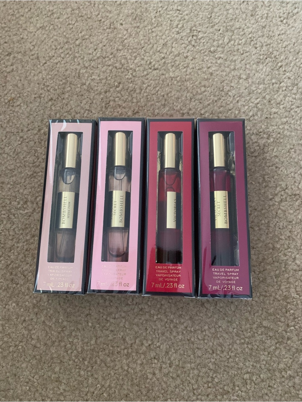 Victoria's Secret Travel Perfume Set - Light Pink, Pink, Red, Plum